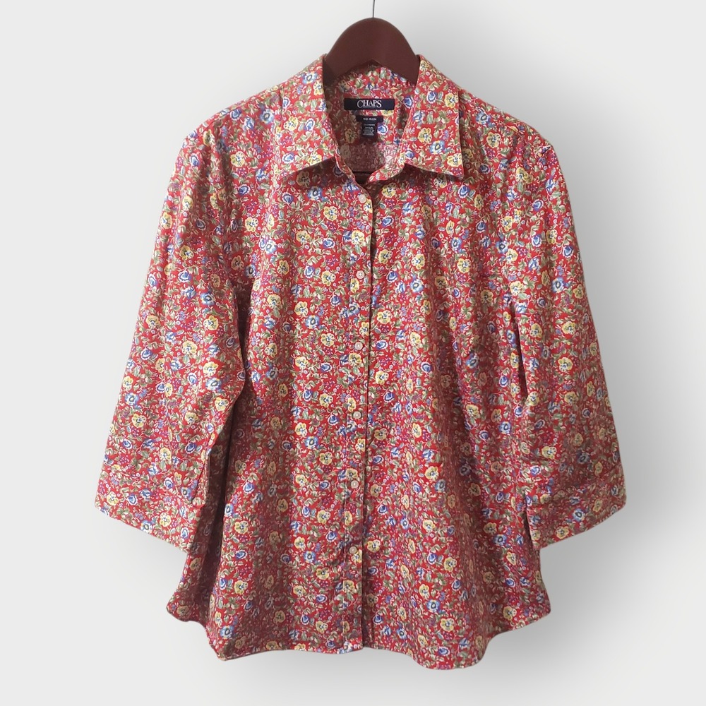 Chaps Womens 2X No Iron Red Ditsy Floral Button Down Shirt 3/4 Sleeve Cotton